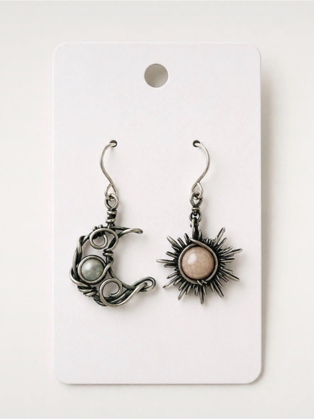Sun & Moon Silver-Tone Dangle Earrings - Asymmetrical Celestial Design